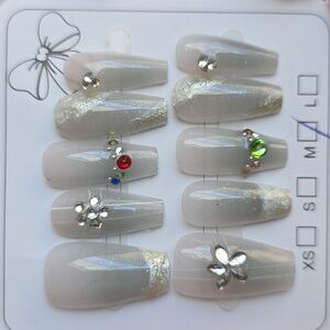 Elegant Gray Press-On Nails with Gem Accents